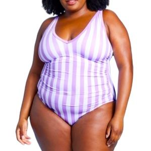 Kona Sol Woman’s Plus Size Purple Striped Fully Lined for Support One Pi…